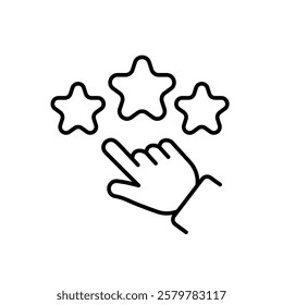 This is a minimalist line icon that depicts a hand actively selecting a star rating. It is ideal for use in various applications related to feedback, reviews, and assessment processes