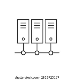 This minimalist line-art vector icon features three connected server towers linked across a single network connection line. Designed with bold dark gray outlines on a clean white background, this flat graphic represents cloud computing, web hosting, database management, and IT network infrastructure. It is ideal for technology websites, software development projects, app UI icons, and technical presentations.

#Server #Network #DataCenter #CloudComputing #WebHosting #Database #ITInfrastructure #VectorIcon #LineArt #TechIllustration #MinimalistDesign #GraphicDesign