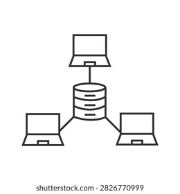 This minimalist line-art vector icon illustrates a central database server connected to three laptop computers, symbolizing local area network (LAN) sharing, cloud storage access, database management, and client-server architecture. Drawn with sharp dark grey outlines on a clean white background, this versatile graphic element is perfect for IT infrastructure presentations, tech website banners, web hosting landing pages, and software UI icons.

#DatabaseNetwork #ClientServer #CloudStorage #ITInfrastructure #DataManagement #VectorIcon #LineArt #TechIllustration #MinimalistDesign #GraphicDesign