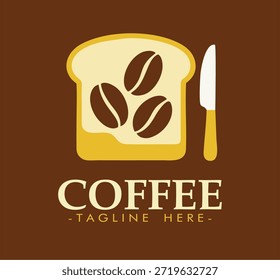 Dieses minimalistische Logo-Design verbindet Frühstück und Koffein-Themen effektiv. Es zeigt ein stilisiertes Stück Toast, das als Kulisse für drei braune Kaffeebohnen dient und als Symbol für Kaffee-infundierte Butter oder einen Kaffee-thematischen Frühstücksaufstrich dient. Die Verwendung eines tiefbraunen Hintergrunds, der mit hellgelben und cremefarbenen Akzenten kontrastiert wird, schafft eine gemütliche und einladende Atmosphäre