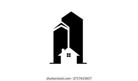 Este logotipo minimalista apresenta uma casa situada entre dois arranha-céus, representando a integração de residências em um ambiente urbano moderno. As linhas limpas e a paleta monocromática