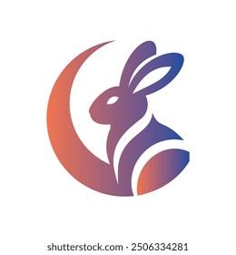 This minimalist logo features a stylized silhouette of a rabbit framed by a crescent moon. The sleek design uses bold black and white