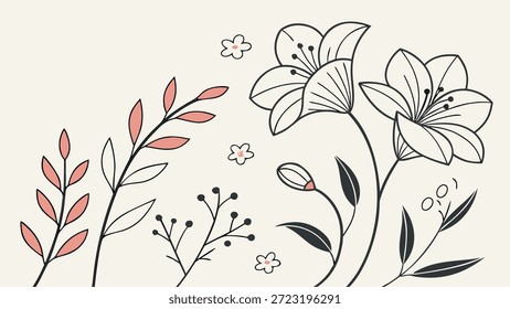 Esta obra de arte floral moderna minimalista captura la belleza floral a través de líneas simples y Formas refinadas. Usando tonos suaves y neutros y un espacio negativo equilibrado, el diseño crea una estética tranquila y elegante que se adapta sin esfuerzo a los interiores contemporáneos y a los diseños digitales modernos.