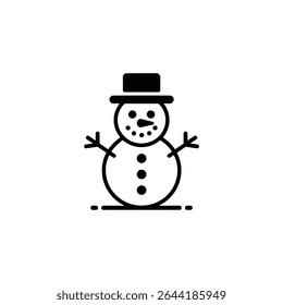 This minimalist, monochrome illustration presents a snowman icon. A top hat, carrot nose, coal details, buttoned body, and twig arms complete this wintery character.