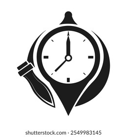 Este logotipo monocromático minimalista combina creativamente una pluma estilográfica y un reloj, simbolizando la esencia del tiempo y la creatividad. Ideal para marcas centradas en la escritura, el arte y la productividad.