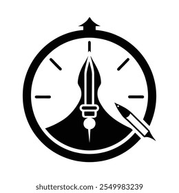 Este logotipo monocromático minimalista combina creativamente una pluma estilográfica y un reloj, simbolizando la esencia del tiempo y la creatividad. Ideal para marcas centradas en la escritura, el arte y la productividad.