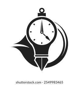 Este logotipo monocromático minimalista combina creativamente una pluma estilográfica y un reloj, simbolizando la esencia del tiempo y la creatividad. Ideal para marcas centradas en la escritura, el arte y la productividad.