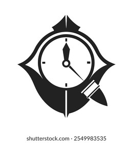 Este logotipo monocromático minimalista combina creativamente una pluma estilográfica y un reloj, simbolizando la esencia del tiempo y la creatividad. Ideal para marcas centradas en la escritura, el arte y la productividad.