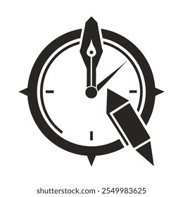 This minimalist monochrome logo creatively combines a fountain pen and a clock, symbolizing the essence of time and creativity. Ideal for brands focused on writing, art, and productivity.