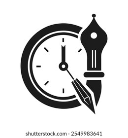 Este logotipo monocromático minimalista combina creativamente una pluma estilográfica y un reloj, simbolizando la esencia del tiempo y la creatividad. Ideal para marcas centradas en la escritura, el arte y la productividad.