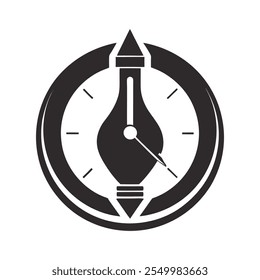 Este logotipo monocromático minimalista combina creativamente una pluma estilográfica y un reloj, simbolizando la esencia del tiempo y la creatividad. Ideal para marcas centradas en la escritura, el arte y la productividad.