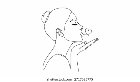 Este dibujo minimalista de una sola línea captura con elegancia a una mujer que lanza un beso en forma de corazón, simbolizando el amor y el afecto. Las líneas limpias y el diseño simple crean una Imagen moderna y romántica perfecta