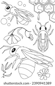 This minimalist outline drawing depicts a set of bees, flowers, and honeycombs on a white background. The bees are all different shapes and sizes, with their wings and bodies clearly defined