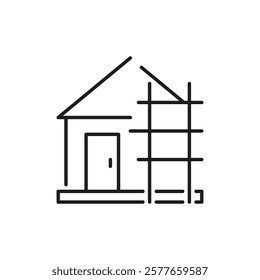 This minimalist outline icon symbolizes a house under renovation, serving as an excellent visual representation for construction and renovation projects with relevant industry elements