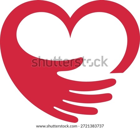 This minimalist red graphic shows a hand cradling a heart, symbolizing love, protection, charity, and emotional support.