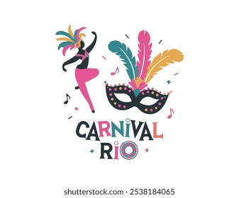 This minimalist Rio Carnival logo features a clean, vector design with bold outlines of samba dancers and feathered masks, embodying the vibrant energy of the festival. The logo is adorned with bright