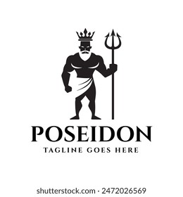 This minimalist silhouette illustration shows the muscular form of Poseidon decorated with a crown and holding a trident