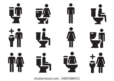 Dieses minimalistische Silhouetten-Toiletten-Icon-Set verfügt über Vektorgrafiken für Damen und Herren in Toiletten, perfekt für Beschilderungs- und Designprojekte. Die sauberen, einfachen Umrisse machen es ideal für öffentliche Badsymbole.