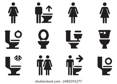 This minimalist silhouette toilet icon set features male and female restroom vectors, perfect for signage and design projects. The clean, simple outlines make it ideal for public bathroom symbols.