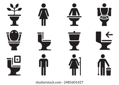 This minimalist silhouette toilet icon set features male and female restroom vectors, perfect for signage and design projects. The clean, simple outlines make it ideal for public bathroom symbols.