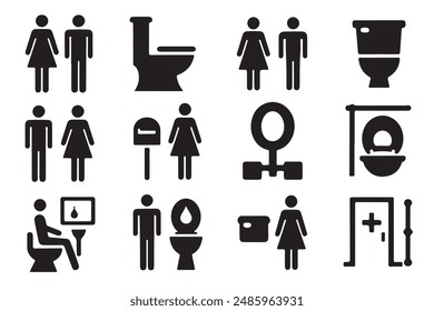 This minimalist silhouette toilet icon set features male and female restroom vectors, perfect for signage and design projects. The clean, simple outlines make it ideal for public bathroom symbols.