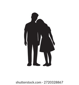 Esta Ilustración vectorial de silueta minimalista presenta a una pareja de pie muy cerca, con la mujer apoyando suavemente su cabeza en el hombro del hombre. Las figuras negras sobre un fondo blanco claro enfatizan su forma y la conexión íntima entre ellas. Evoca sentimientos de confort, Asistencia, amor y compañerismo, lo que lo hace adecuado para temas relacionados con las relaciones, el romance y la conexión emocional.