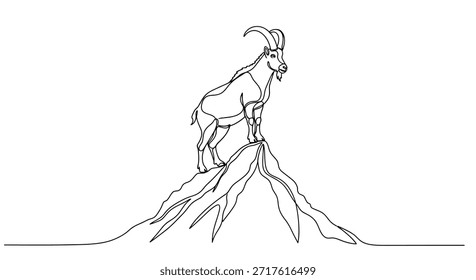 Este es un dibujo minimalista de una sola línea continua de una cabra de montaña de pie orgullosamente en un pico de montaña. La obra de arte se hace en un estilo simple y elegante utilizando solo líneas negras sobre un fondo blanco
