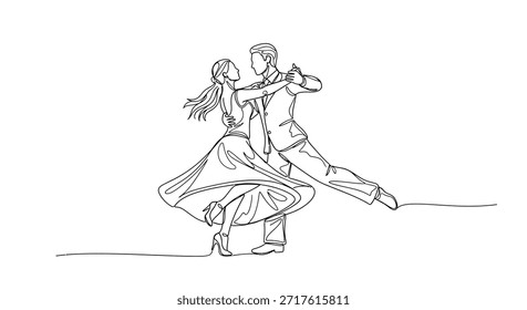 Este dibujo minimalista de una sola línea captura la esencia del tango, representando a una pareja en un abrazo apasionado mientras se mueven en perfecta armonía. El estilo de arte de línea continua enfatiza la fluidez