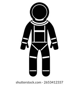 This minimalist solid image showcases an astronaut in full spacesuit, standing straight. The stark black and white contrast highlights the suit's shape and details with stripes.