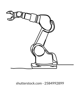 This minimalist style, where the robotic arm is drawn with a single continuous line, is combined with line art isolated on a white background. Outline drawing of a fashionable mechanical robot.