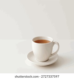 This minimalist tea cup still life features a white ceramic mug filled with hot tea, placed on a clean white background with soft natural light. The simple composition highlights elegance, calm mood, and modern aesthetics. Subtle steam, smooth textures, and high-key lighting create a peaceful lifestyle concept suitable for commercial use. This image works perfectly as a background, product mockup, or branding visual. Ideal for wellness themes, café marketing, editorial design, and social media content. The generous copy space allows easy text placement, making it a versatile stock photo for designers, bloggers, and creative professionals.