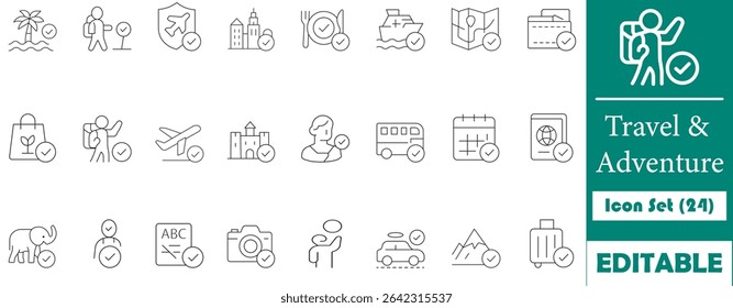 This minimalist travel and adventure icon set includes 24 editable line icons perfect for tourism, vacation planning, guides, transport, and travel blogs.