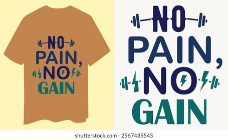 This minimalist T-shirt highlights the empowering quote 'No Pain, No Gain,' styled with colorful icons to create a vibrant yet professional look.