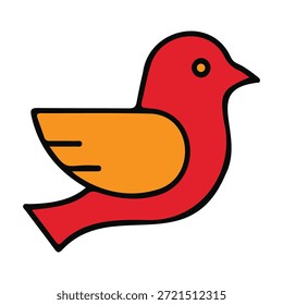 Este gráfico vetorial minimalista apresenta um design de pássaro vermelho simples com uma asa laranja contrastante. Os contornos de preto limpo e cores sólidas tornam-no perfeito para ícones, logotipos e interfaces digitais. Esta ilustração versátil é isolada em um fundo transparente para facilitar a integração em vários projetos criativos.