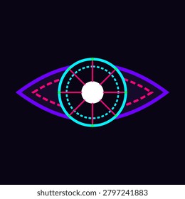 This minimalist vector graphic features a stylized cybernetic eye in vibrant neon colors against a dark background. It utilizes geometric lines and circles to symbolize high-tech biometric scanning, digital surveillance, and artificial intelligence vision. Ideal for conceptualizing privacy, cybersecurity, monitoring systems, and the future of human-machine interface technology themes.