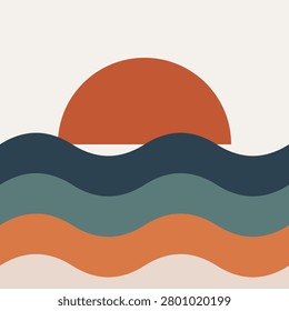 This minimalist vector graphic illustrates a mid-century modern landscape. It showcases a large burnt orange sun dipping behind layered, wavy lines representing the sea. The palette consists of navy, teal, and terracotta tones on a clean off-white background. Ideal for contemporary interior design decor, wall art, textile prints, and covers.