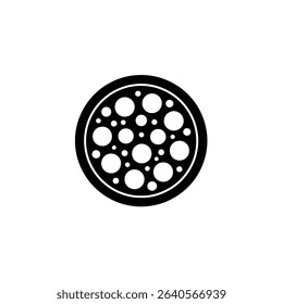 This is a minimalist vector graphic showing a pizza. The design features a dark crust and multiple white circles which symbolize the toppings on the pizza.