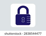 This minimalist vector icon depicts a secure padlock set within a rounded square container. The icon features a solid, dark blue padlock body with a rounded shackle on top.