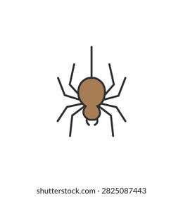 This minimalist vector icon features a friendly, stylized brown spider dangling from a single vertical black silk thread. Rendered with clean, thick black outlines and solid color fill against a pure white background, this flat-design graphic is perfect for Halloween decorations, app interface icons, web design elements, or educational materials about insects.

#Spider #Halloween #VectorIcon #Insect #BrownSpider #MinimalistDesign #GraphicArt #DanglingSpider #CuteCartoon #WebDesign