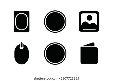 This minimalist vector icon pack showcases six clean black solid glyphs on a plain white background. The set includes essential graphics such as a digital computer mouse a personal pocket wallet two circular rings a photo image placeholder and a rounded frame.