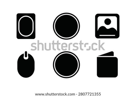 This minimalist vector icon pack showcases six clean black solid glyphs on a plain white background. The set includes essential graphics such as a digital computer mouse a personal pocket wallet two circular rings a photo image placeholder and a rounded frame.