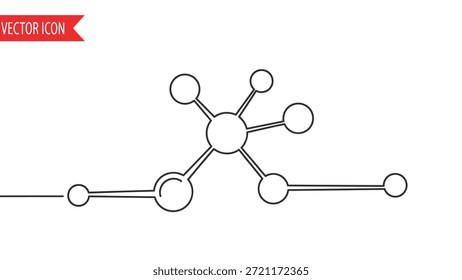 Este é um ícone vetorial minimalista representando uma estrutura molecular com átomos e ligações interconectados, ilustrando um conceito científico de química molecular em um design limpo e simples
