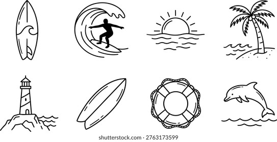 This minimalist vector icon set captures the essence of summer, beach, and ocean adventures. Featuring clear black line art on a crisp white background, the collection includes essential elements like a surfboard, a dynamic surfer riding a wave, a serene sunrise or sunset over the sea, a classic tropical palm tree, a sturdy lighthouse, a lifebuoy for safety, and a joyful jumping dolphin. The clean, simple, and modern outline style is perfect for various commercial applications. Ideal for marketing, branding, advertising, website banners, social media posts, mobile app interfaces, packaging design, and travel guides. Evokes a mood of relaxation, exploration, and fun holiday experiences. The neat composition and flat design ensure versatility for graphic design projects and scalable vector graphics.
