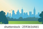 This minimalist vector illustration beautifully captures the serene expanse of Central Park with the iconic Manhattan skyline in the background.