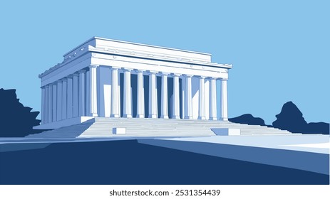 This minimalist vector illustration beautifully captures the grandeur of the Lincoln Memorial in Washington, D.C., set against a bright, clear sky.