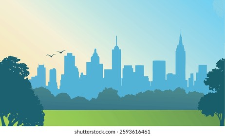 This minimalist vector illustration beautifully captures the serene expanse of Central Park with the iconic Manhattan skyline in the background.