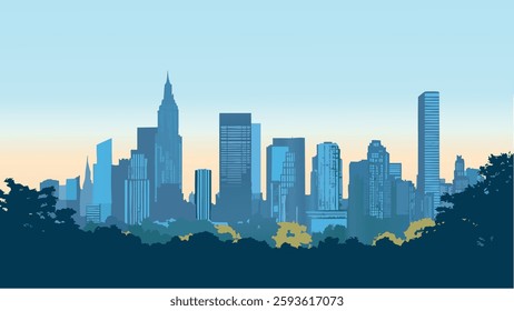 This minimalist vector illustration beautifully captures the serene expanse of Central Park with the iconic Manhattan skyline in the background