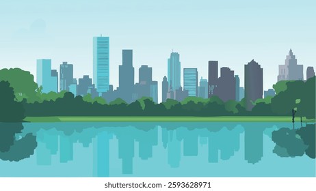 This minimalist vector illustration beautifully captures the serene expanse of Central Park with the iconic Manhattan skyline in the background.