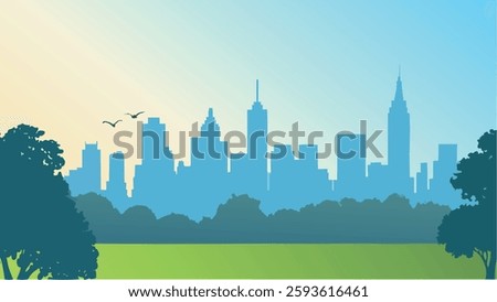 This minimalist vector illustration beautifully captures the serene expanse of Central Park with the iconic Manhattan skyline in the background.