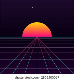 This minimalist vector illustration depicts a retro eighties inspired digital landscape featuring a glowing orange and pink sunset over a perspective neon wireframe grid. The dark purple background includes small distant stars, creating a classic retrowave synthwave aesthetic suitable for nostalgic tech backgrounds, music covers, or virtual reality design concepts.